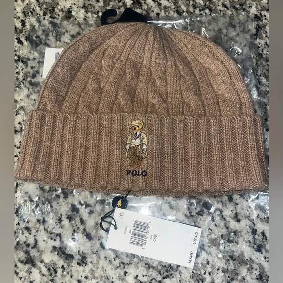 Polo by Ralph Lauren Tan Cable Knit Beanie Bear NWT - Picture 1 of 5